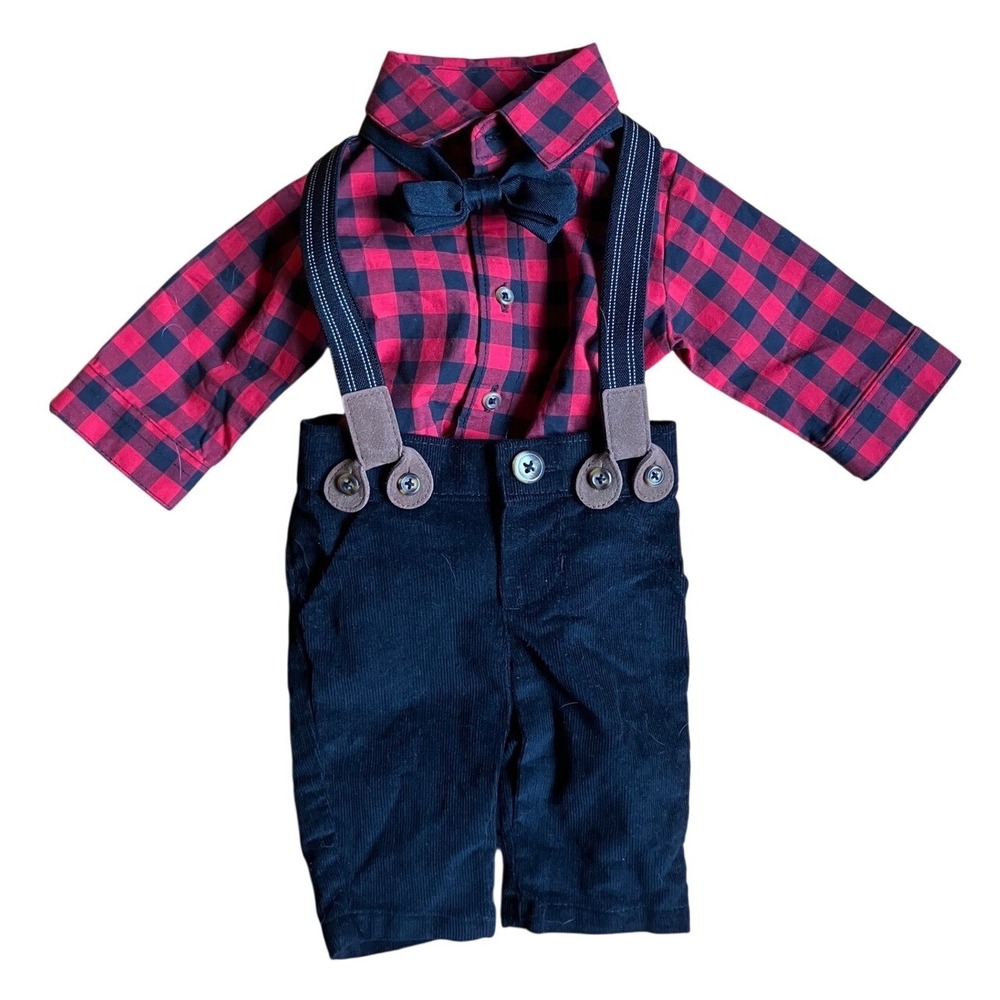 NWOTS Newborn Baby Boy Red Black Plaid Outfit Bowtie‎